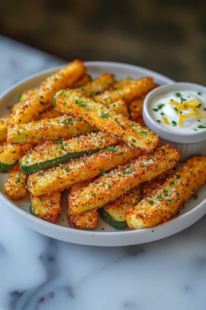 Crispy low carb zucchini fries stacked on a white plate with a side of Greek yogurt dip and fresh parsley garnish.