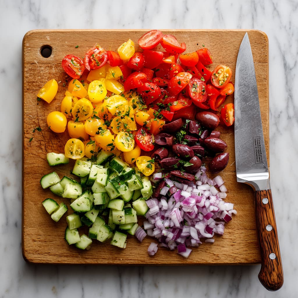 Chopped cherry tomatoes, cucumber, red bell pepper, red onion, and sliced kalamata olives on a wooden cutting board.