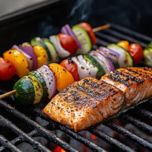 Salmon fillets with grill marks cooking alongside colorful summer vegetables on the grill.