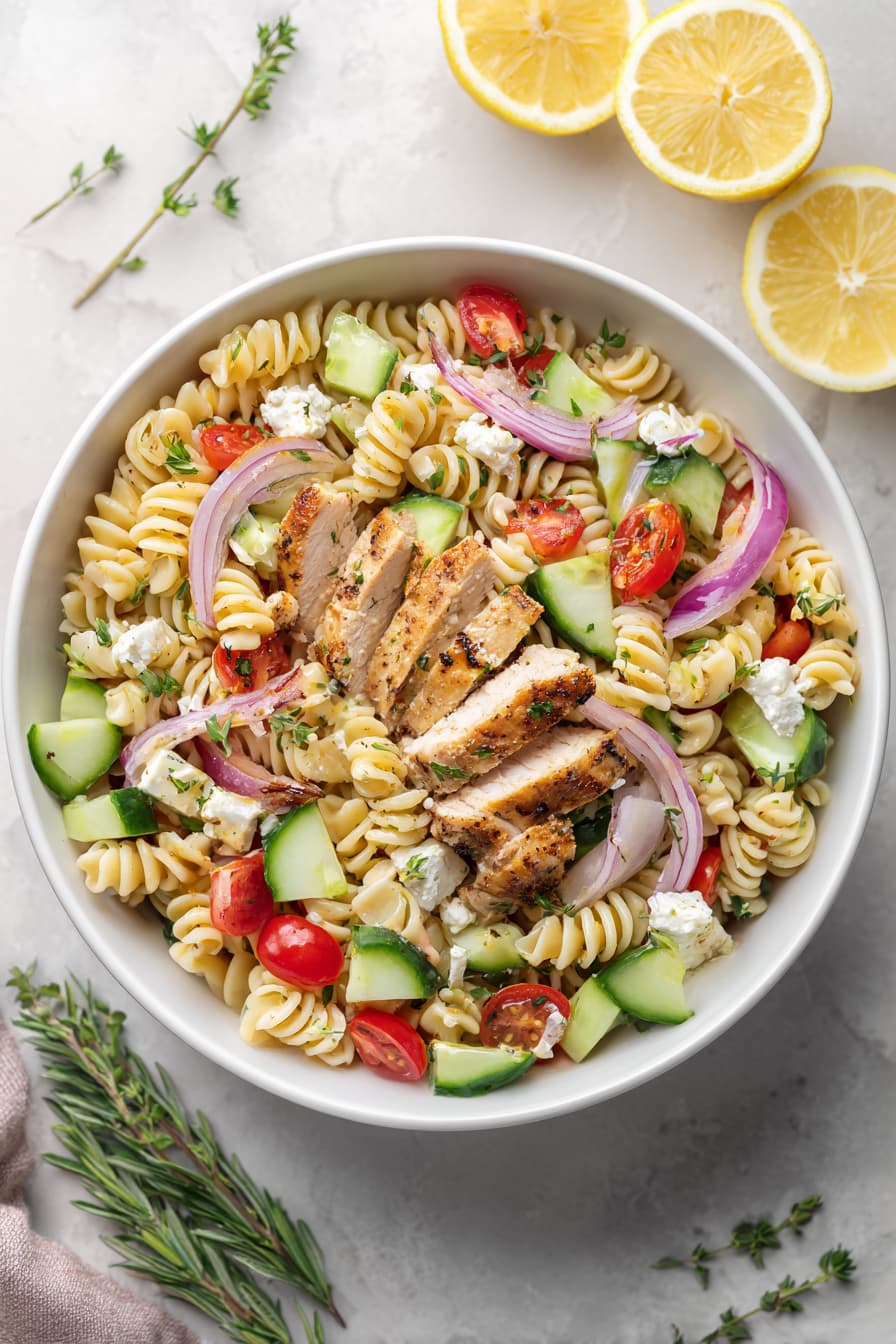 Grilled chicken chickpea pasta salad made with chickpea pasta, diced grilled chicken breast, cherry tomatoes, cucumber, red onion and feta cheese.