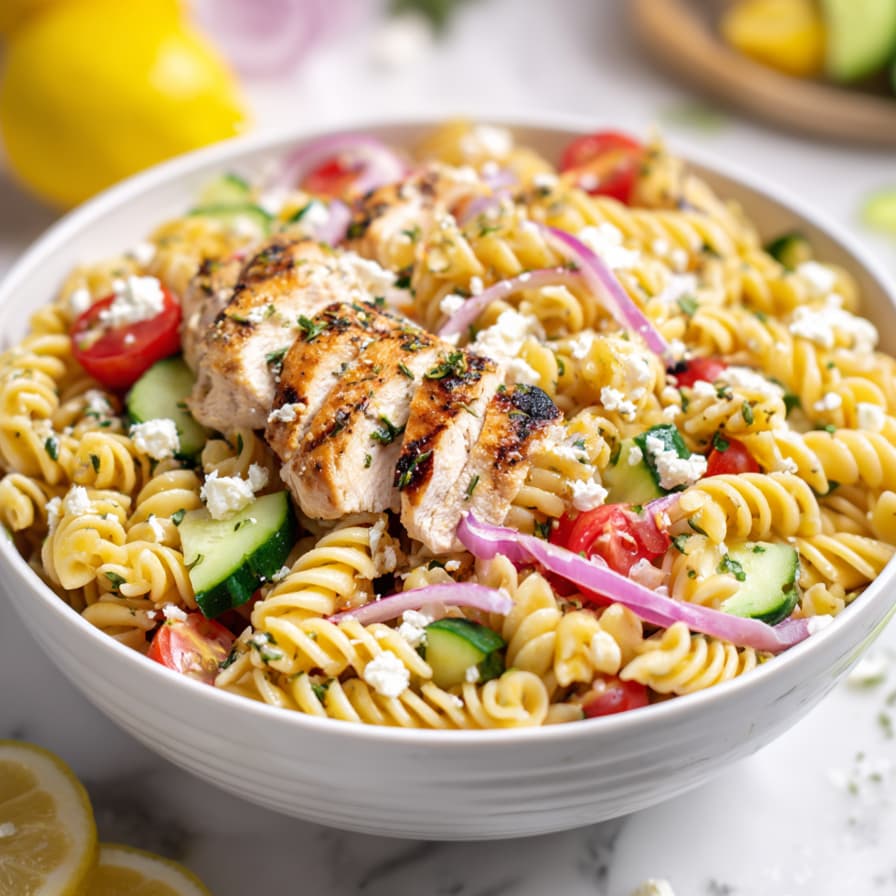 Finished grilled chicken chickpea pasta salad with chickpea pasta, grilled chicken, tomatoes, cucumber and feta cheese in a bowl.