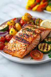 Grilled salmon fillet with crispy skin served on a white plate alongside charred zucchini, bell peppers, cherry tomatoes, and red onions, garnished with parsley and a lemon wedge.