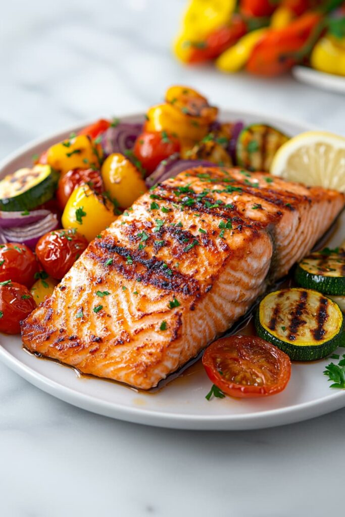 Grilled salmon fillet with crispy skin served on a white plate alongside charred zucchini, bell peppers, cherry tomatoes, and red onions, garnished with parsley and a lemon wedge.