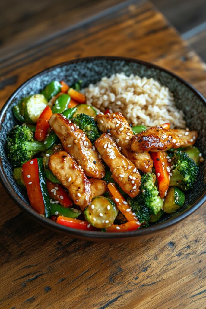 Healthy chicken stir fry with vegetables and brown rice served in a white bowl, garnished with sesame seeds.