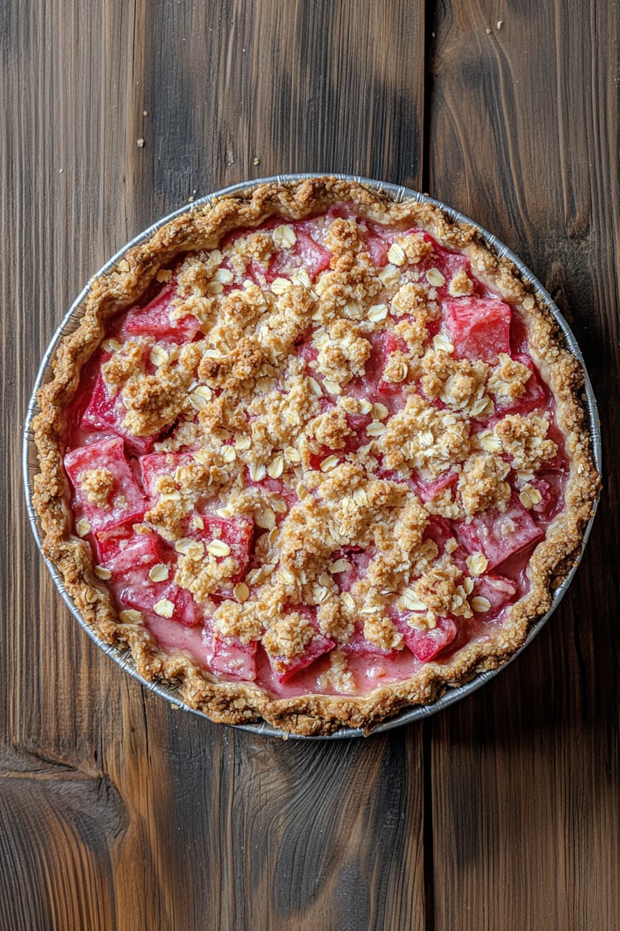 Freshly baked rhubarb protein pie in a golden oat crust, topped with a crumbly oat streusel and visible chunks of pink rhubarb, displayed on a rustic wooden table.