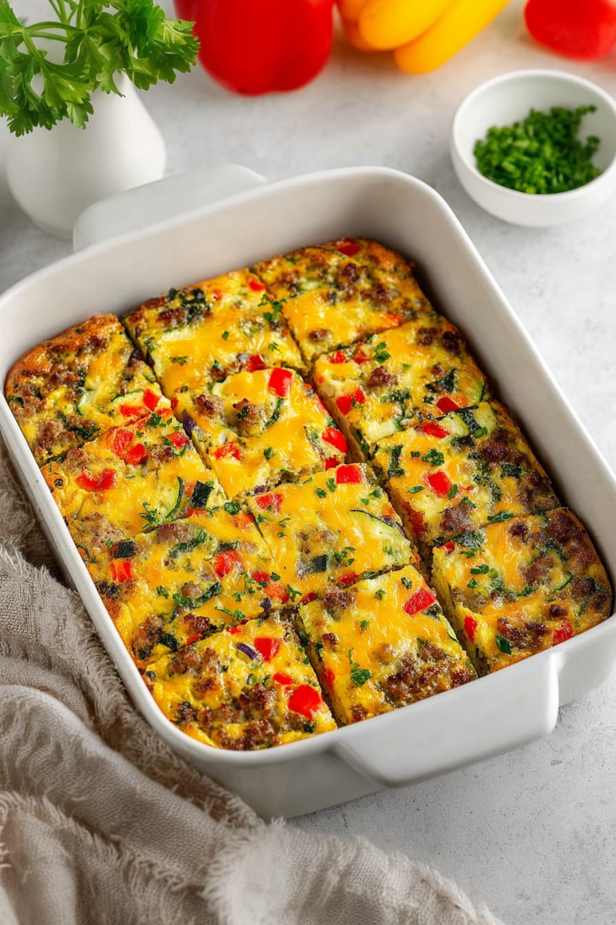 Healthy sausage egg breakfast casserole baked with egg whites, lean turkey sausage, spinach, zucchini, red bell pepper, onion, and melted cheddar cheese, sliced into squares in a white baking dish.