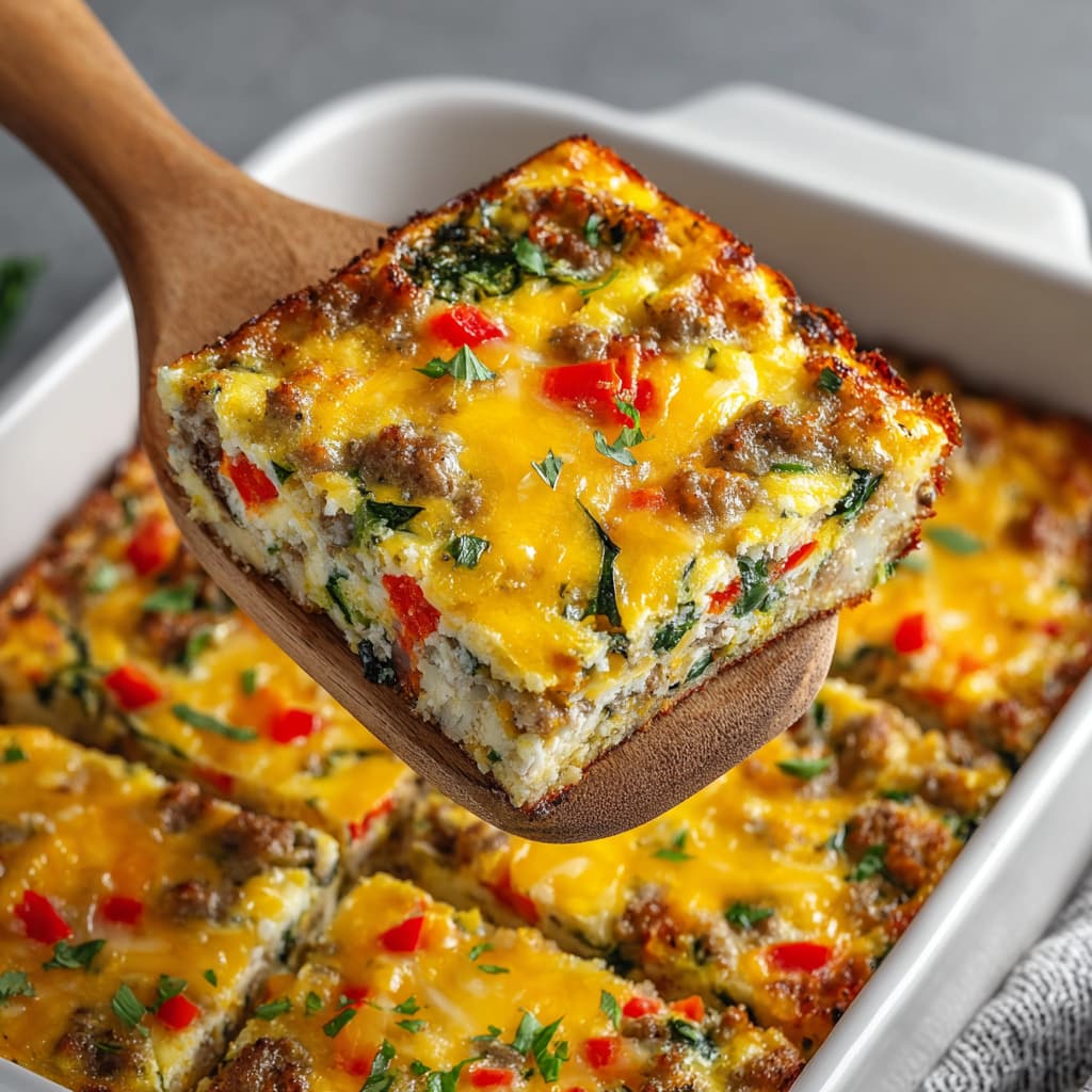 Close-up of a slice of healthy sausage egg breakfast casserole lifted with a wooden spatula, showing egg whites, lean turkey sausage, spinach, zucchini, red bell pepper, onion, and melted cheddar cheese baked into a golden, high-protein casserole.