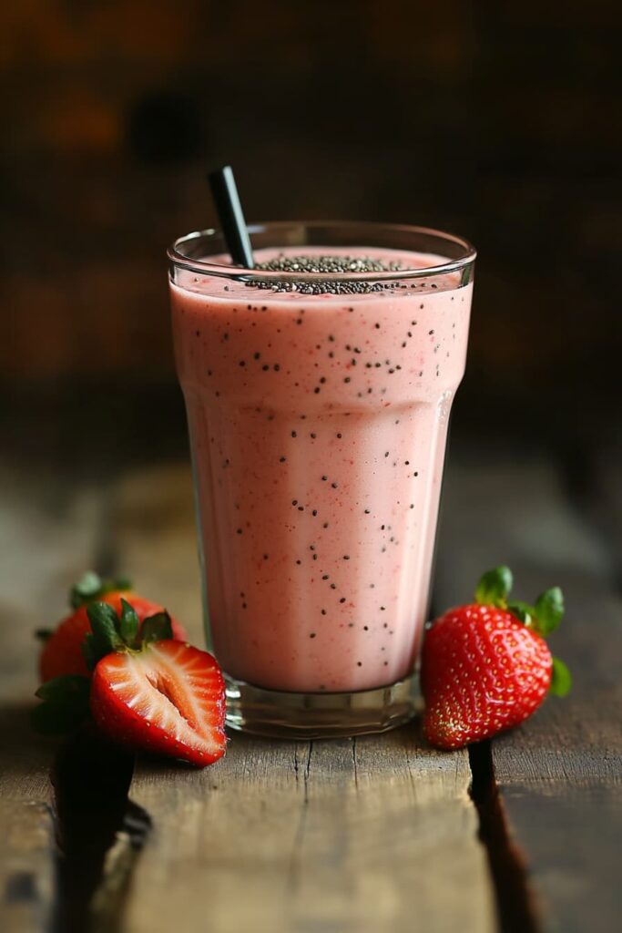 Glass of light pink strawberry smoothie topped with banana slices and chia seeds, with a bowl of Greek yogurt and fresh strawberries on a wooden table.