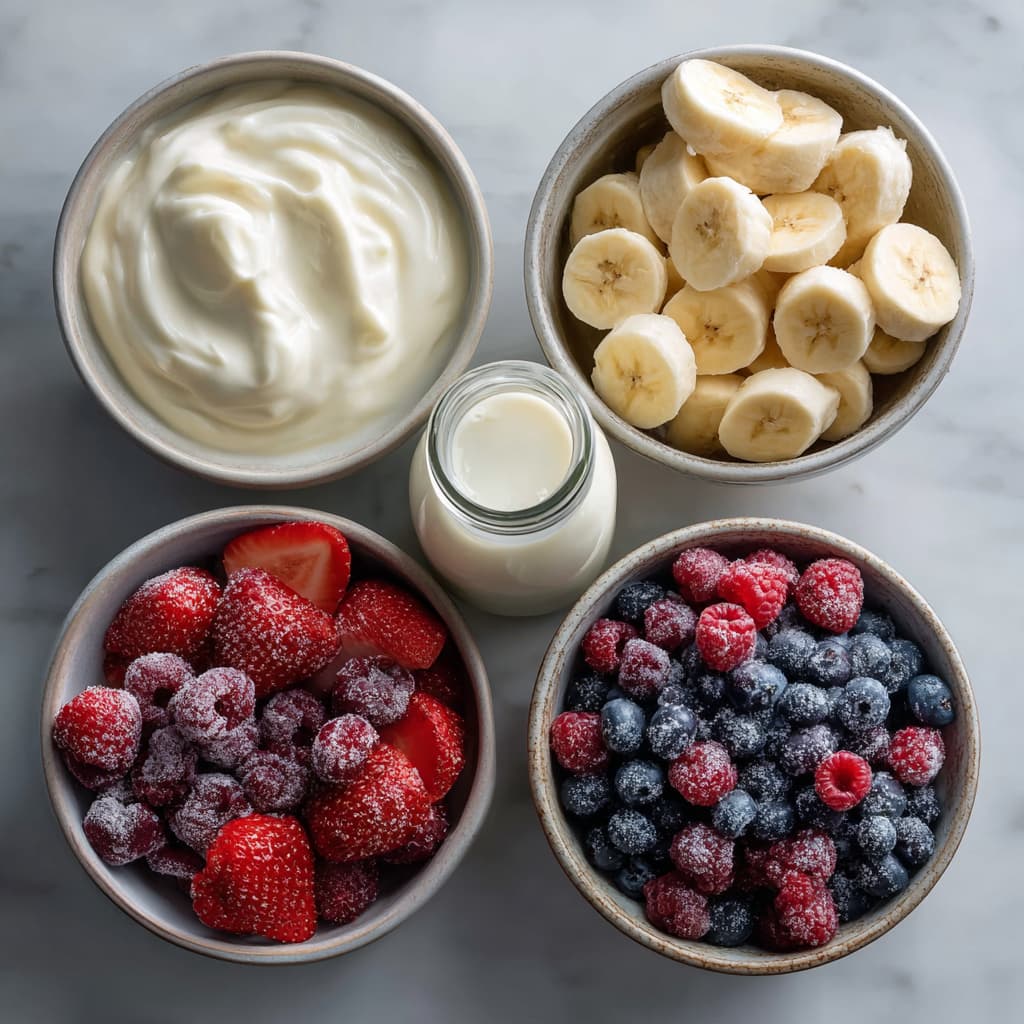 Smoothie ingredients laid out in bowls with Greek yogurt, sliced bananas, frozen strawberries, raspberries, blueberries, and a small bottle of milk on a marble surface.