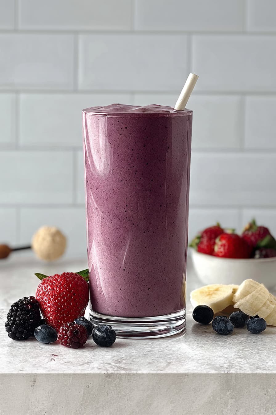 High protein berry banana smoothie made with Greek yogurt, whey, banana, and mixed berries.