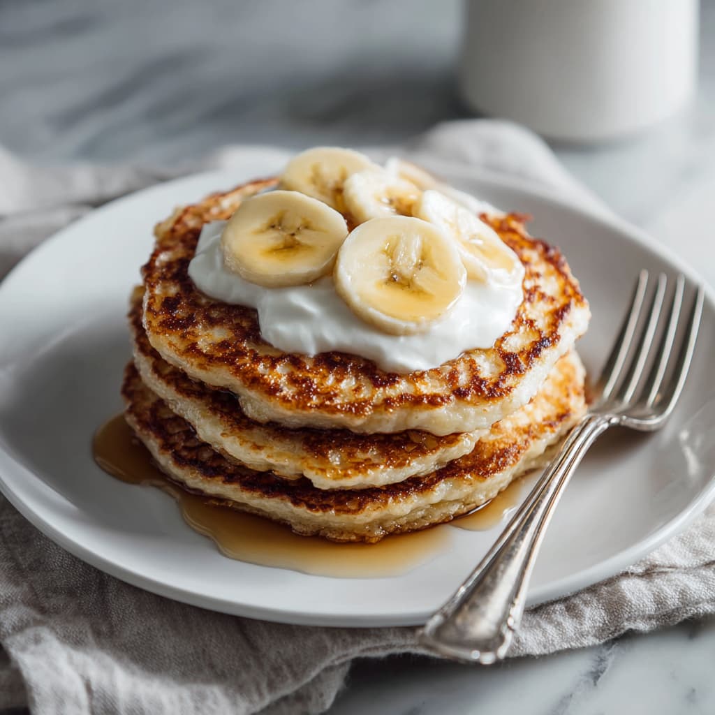 High protein cottage cheese pancakes stacked on a white plate, topped with Greek yogurt and banana slices, drizzled with maple syrup in natural light