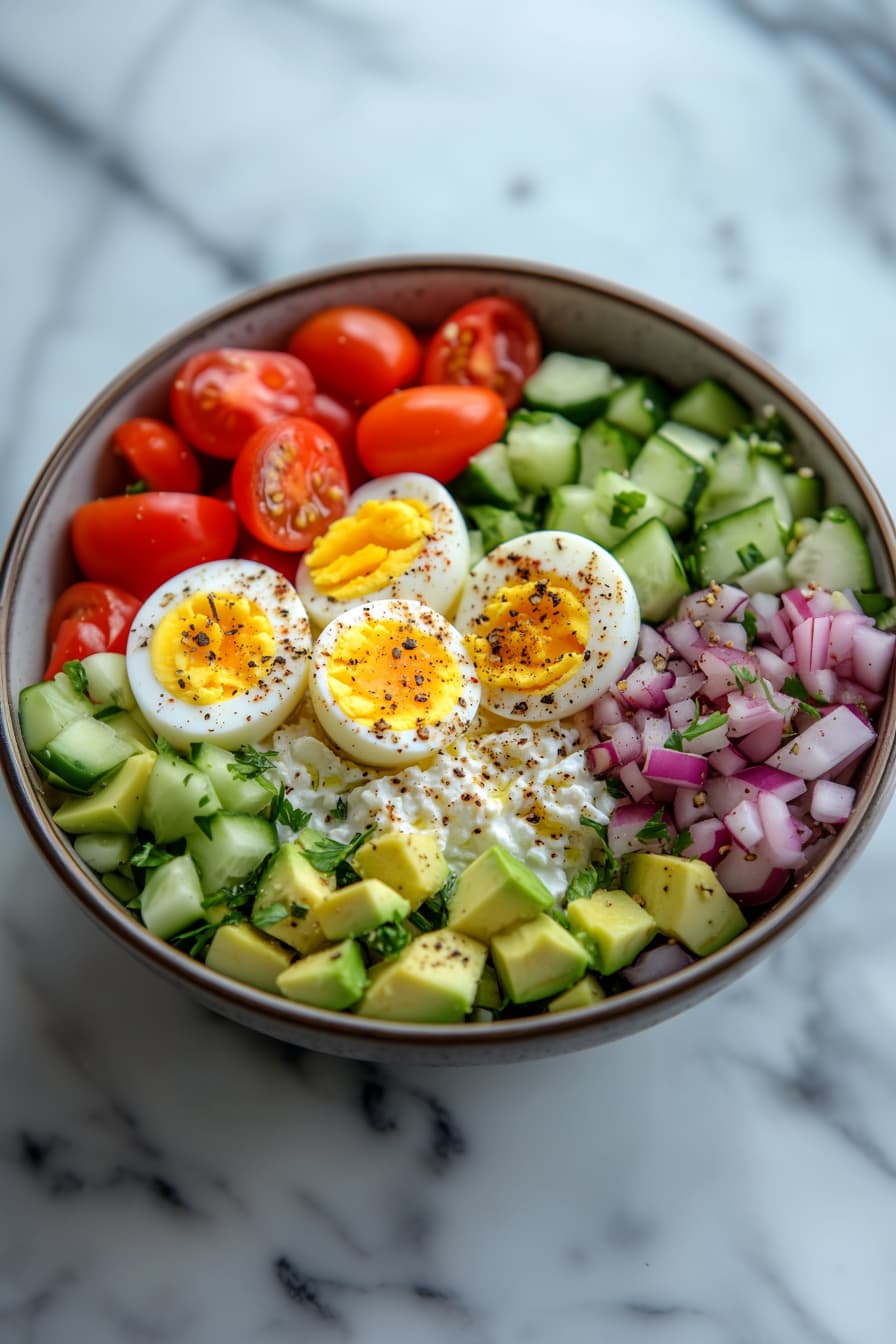 A savory cottage cheese bowl filled with hard-boiled eggs, avocado, cherry tomatoes, cucumber, and red onion, arranged colorfully in a white bowl
