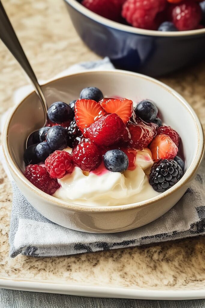 High protein Greek yogurt pre-workout meal with berries and honey
