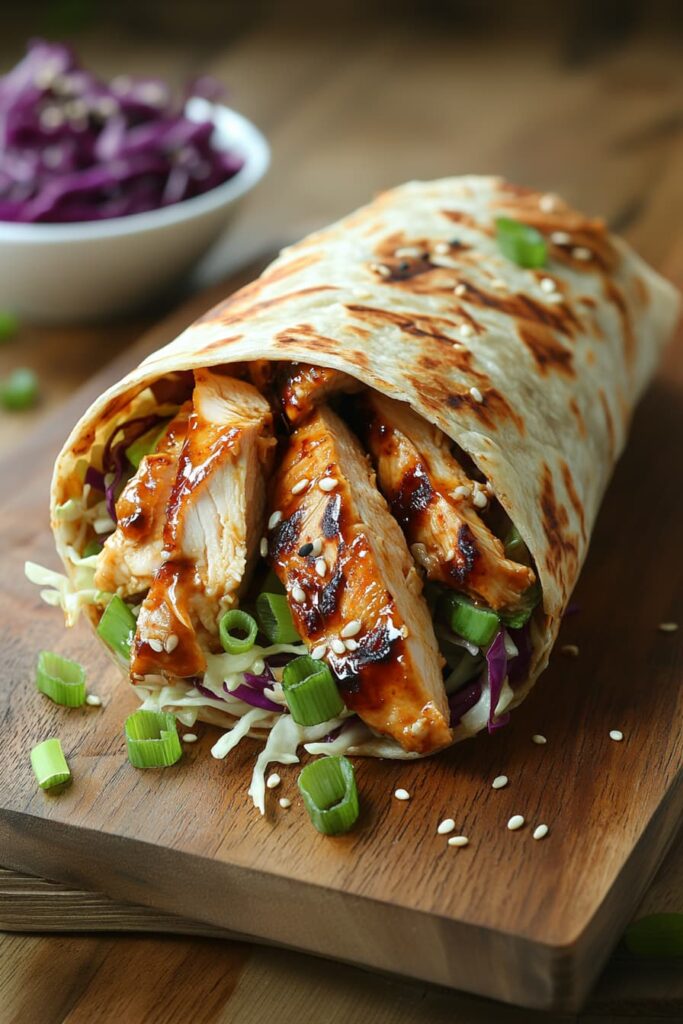 eriyaki chicken wrap sliced in half, filled with juicy chicken, crunchy veggies, and a glossy teriyaki glaze in a whole grain tortilla.