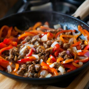 Onions and bell peppers sizzling in a skillet with olive oil, followed by browned turkey sausage—an aromatic, savory base coming together for the perfect breakfast wrap.