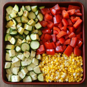 Baking sheet lined with golden roasted red bell pepper strips, chopped zucchini, and sweet corn kernels—seasoned and perfectly caramelized.