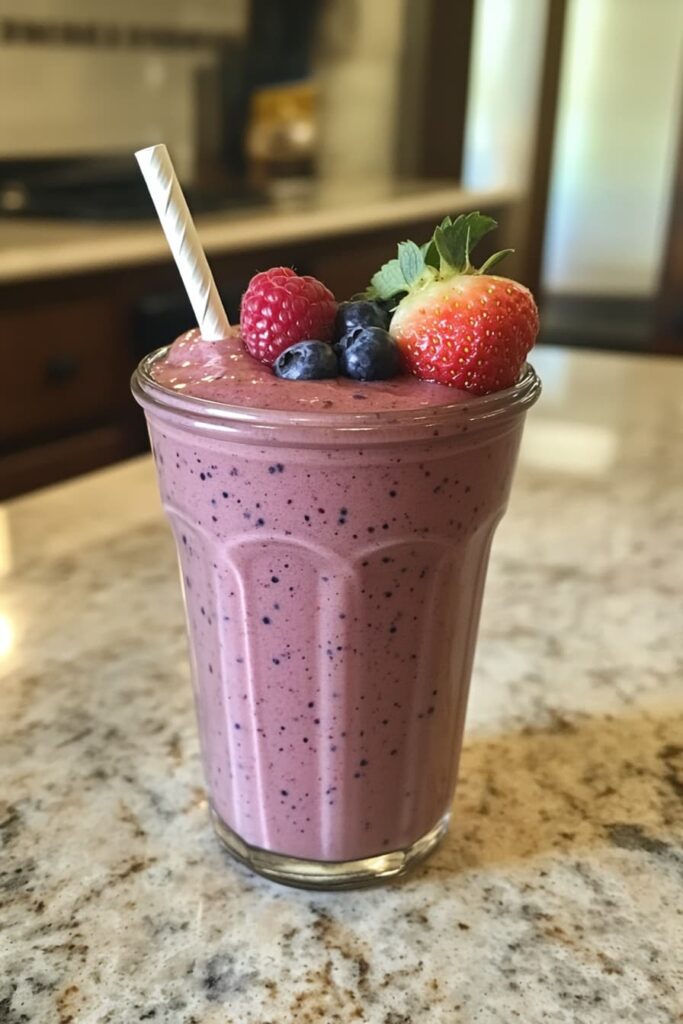 A vibrant, thick berry banana protein smoothie served in a clear glass jar with a striped straw, surrounded by fresh strawberries, blueberries, and sliced banana—set on a clean white kitchen counter with a fitness vibe