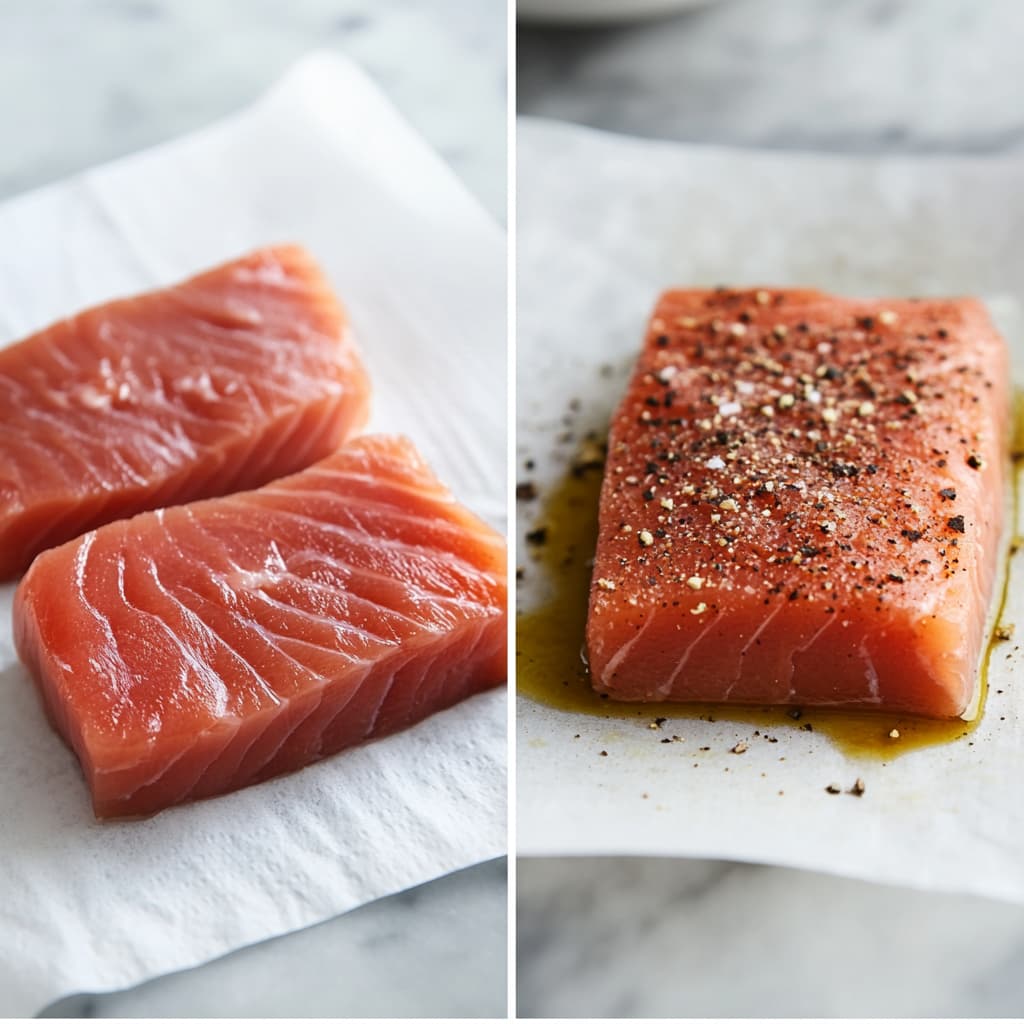 Raw tuna steaks on parchment paper next to a tuna steak brushed with olive oil and seasoned with salt, cracked black pepper, and spices on a plate