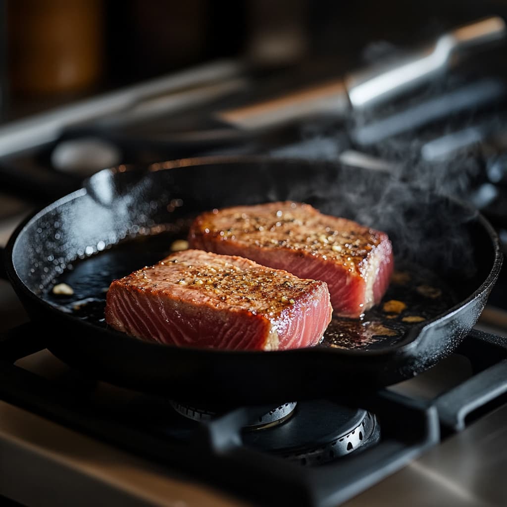 Tuna steak searing in a hot skillet with a light golden crust while the center stays pink and rare