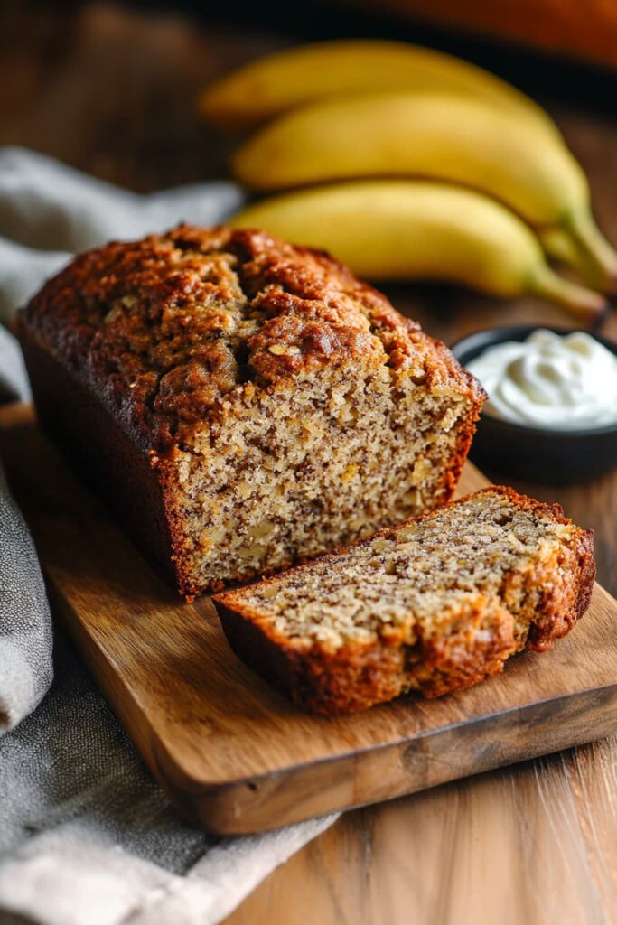 High-protein healthy banana bread sliced on a cutting board surrounded by yogurt and ripe bananas