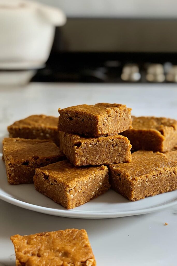 A clean, minimalist kitchen counter sets the background. In the foreground, a batch of golden-orange pumpkin protein bars sits on a white plate. The bars are cut into squares and stacked, with visible oat texture and a slightly firm but soft surface, hinting at a moist, cake-like interior.