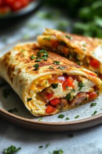Close-up of a sliced whole wheat breakfast burrito filled with egg whites, turkey sausage, and veggies, ideal for a healthy and protein-rich start to the day.