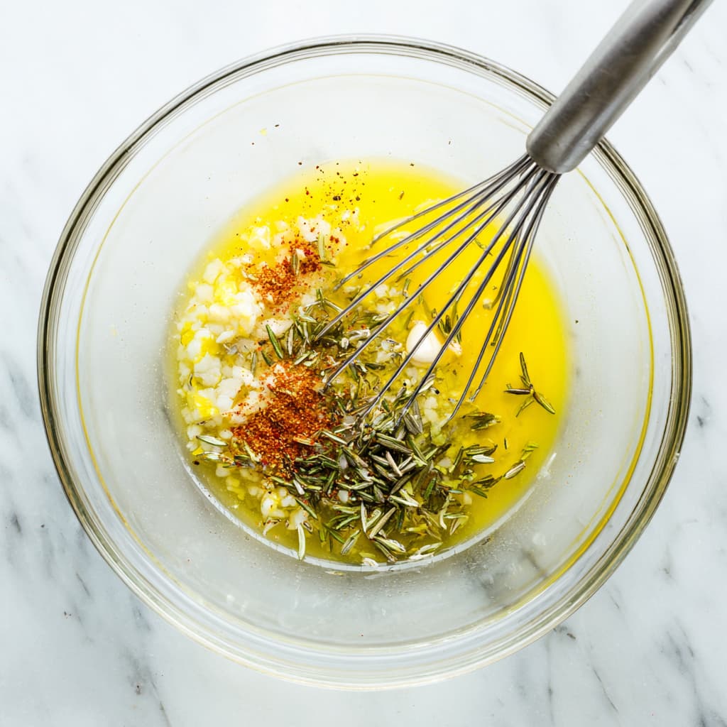 Lemon garlic herb marinade mixed in a glass bowl with fresh herbs and spices