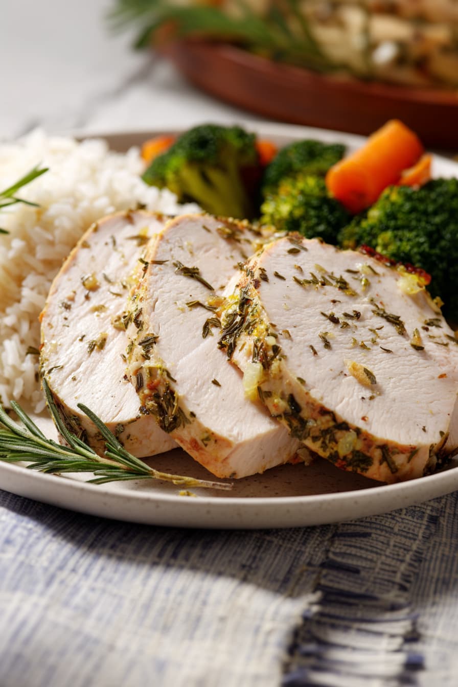 Close-up of sliced lemon garlic herb turkey breast with rice and roasted vegetables