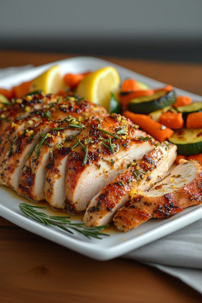 Sliced lemon garlic herb turkey breast served with roasted vegetables on a white plate.
