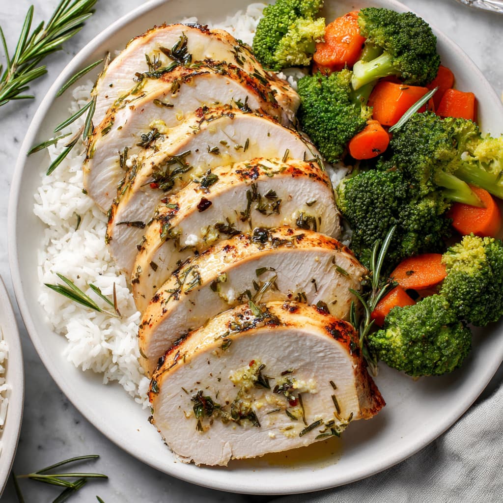 Sliced lemon garlic herb turkey breast served with white rice and roasted broccoli and carrots