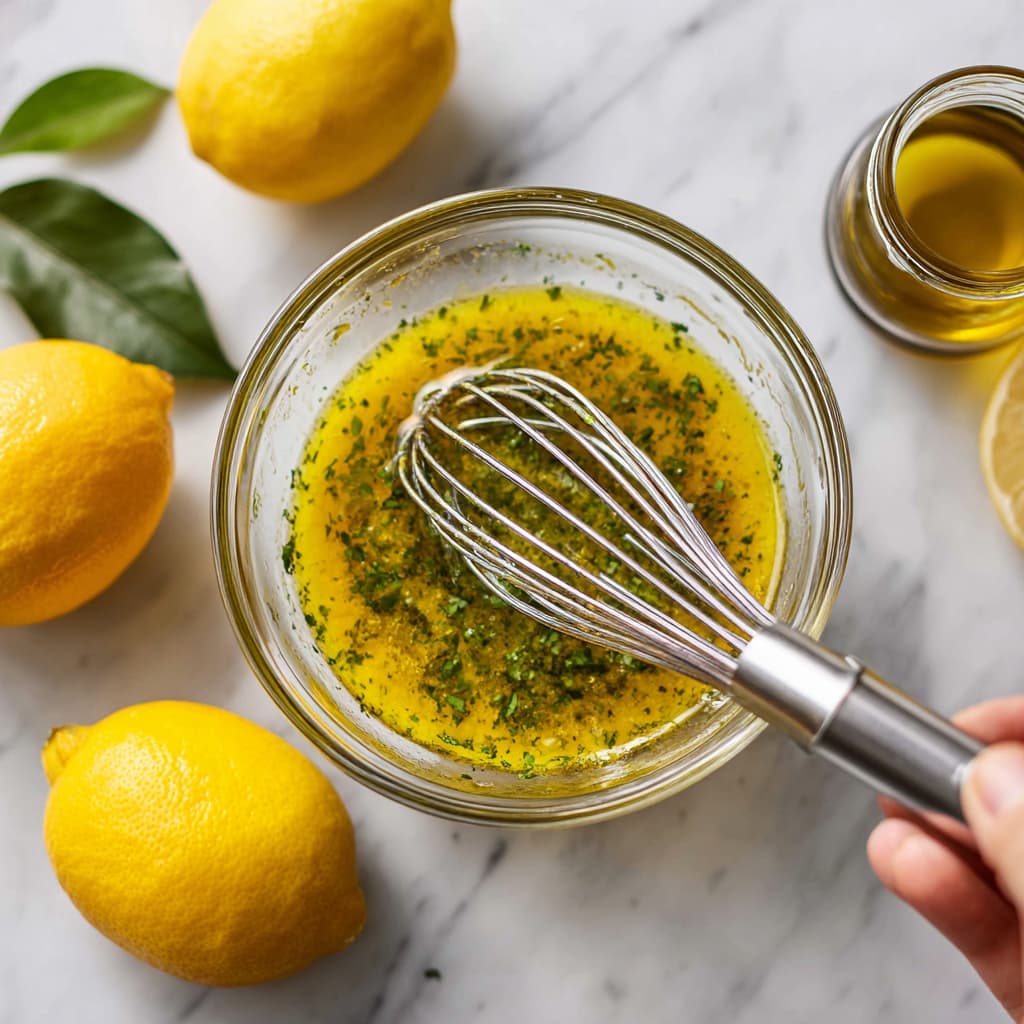Whisking lemon-herb dressing made with olive oil and mustard in a glass bowl.
