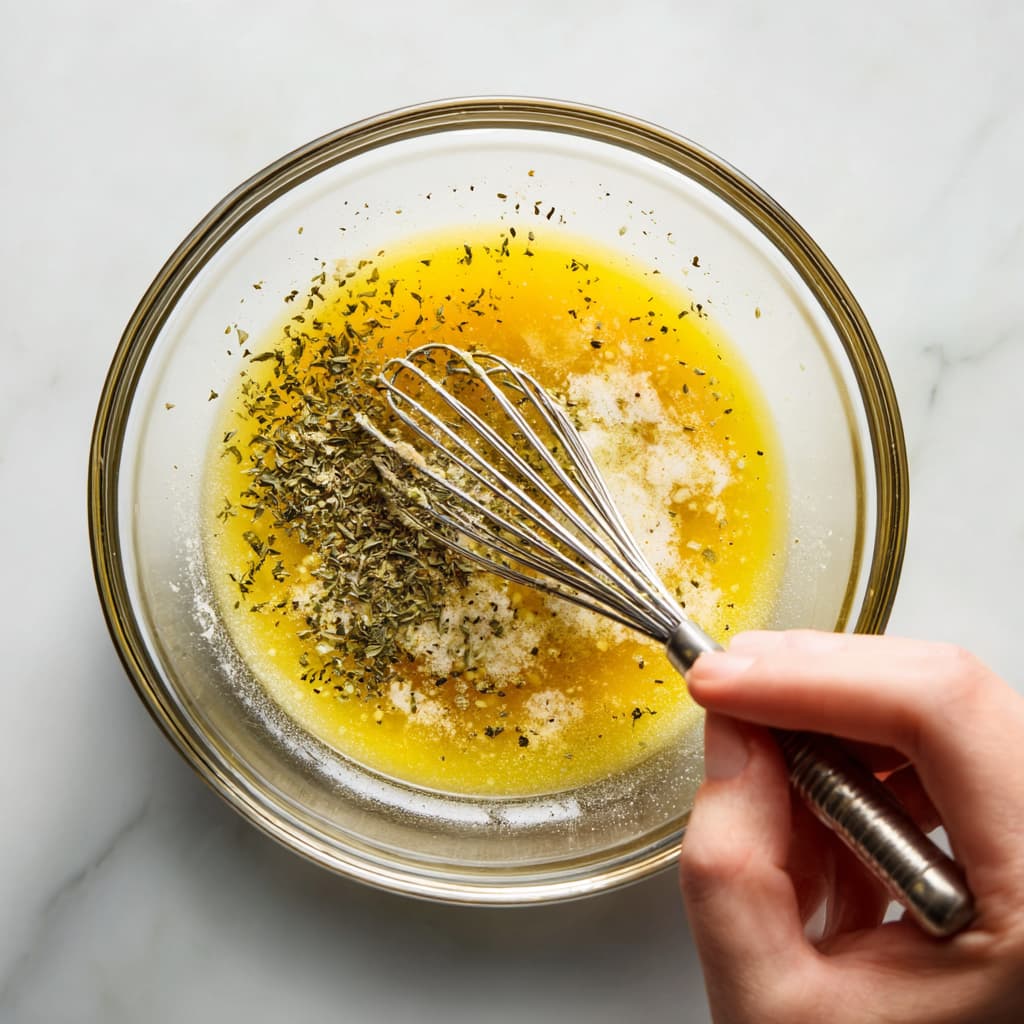 Lemon oregano dressing being whisked in a bowl with olive oil, lemon juice, Dijon mustard and oregano for healthy pasta salad.