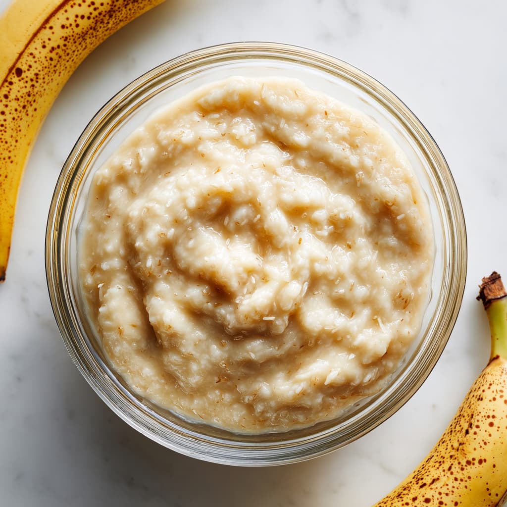 Mashed ripe bananas in a glass mixing bowl, mostly smooth with a few small chunks, prepared for banana bread batter.