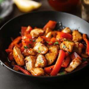 cooked chicken, red bell peppers, and carrots simmering in stir-fry sauce until thickened and flavorful.