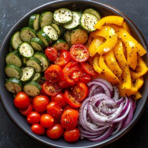 Sliced zucchini, red and yellow bell peppers, cherry tomatoes, and red onion tossed with olive oil and seasoning in a large bowl.