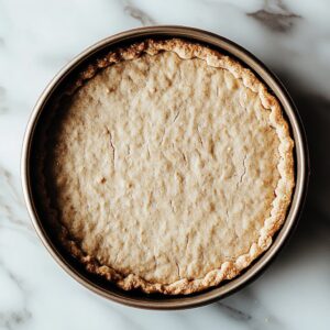 Pressing oat flour crust into a pie dish for a healthy rhubarb pie base.