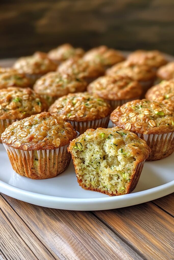 Freshly baked protein zucchini muffins cooling on a wire rack with one sliced open.