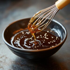 A small bowl of dark stir-fry sauce being whisked, made with soy sauce, vinegar, honey, sesame oil, and cornstarch.