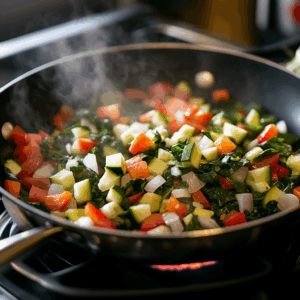 Colorful vegetables sautéing in a pan for healthy egg casserole filling.