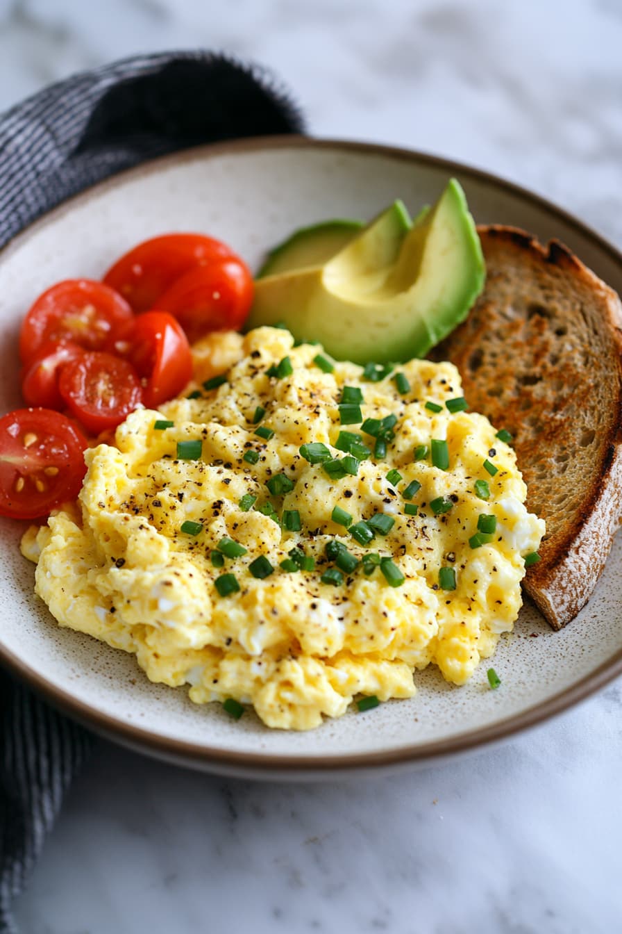 High-protein scrambled eggs with cottage cheese, garnished with chives, served with avocado slices, cherry tomatoes, and whole grain toast.