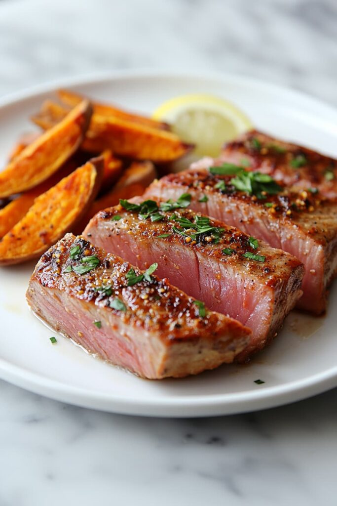Seared tuna steak with rare pink center and sweet potato wedges on a white plate, garnished with lemon and parsley.