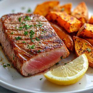 Sliced seared tuna steak with a pink center served with crispy roasted sweet potato wedges and lemon on a white plate