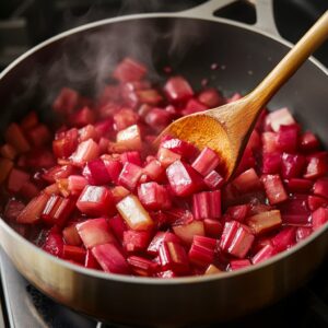 Simmering chopped rhubarb in a saucepan to prepare the pie filling.
