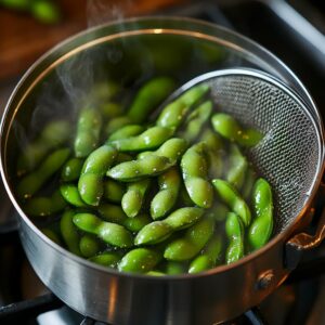 Bright green edamame steaming in a saucepan, with a strainer and clean kitchen towel nearby, ready for cooling.