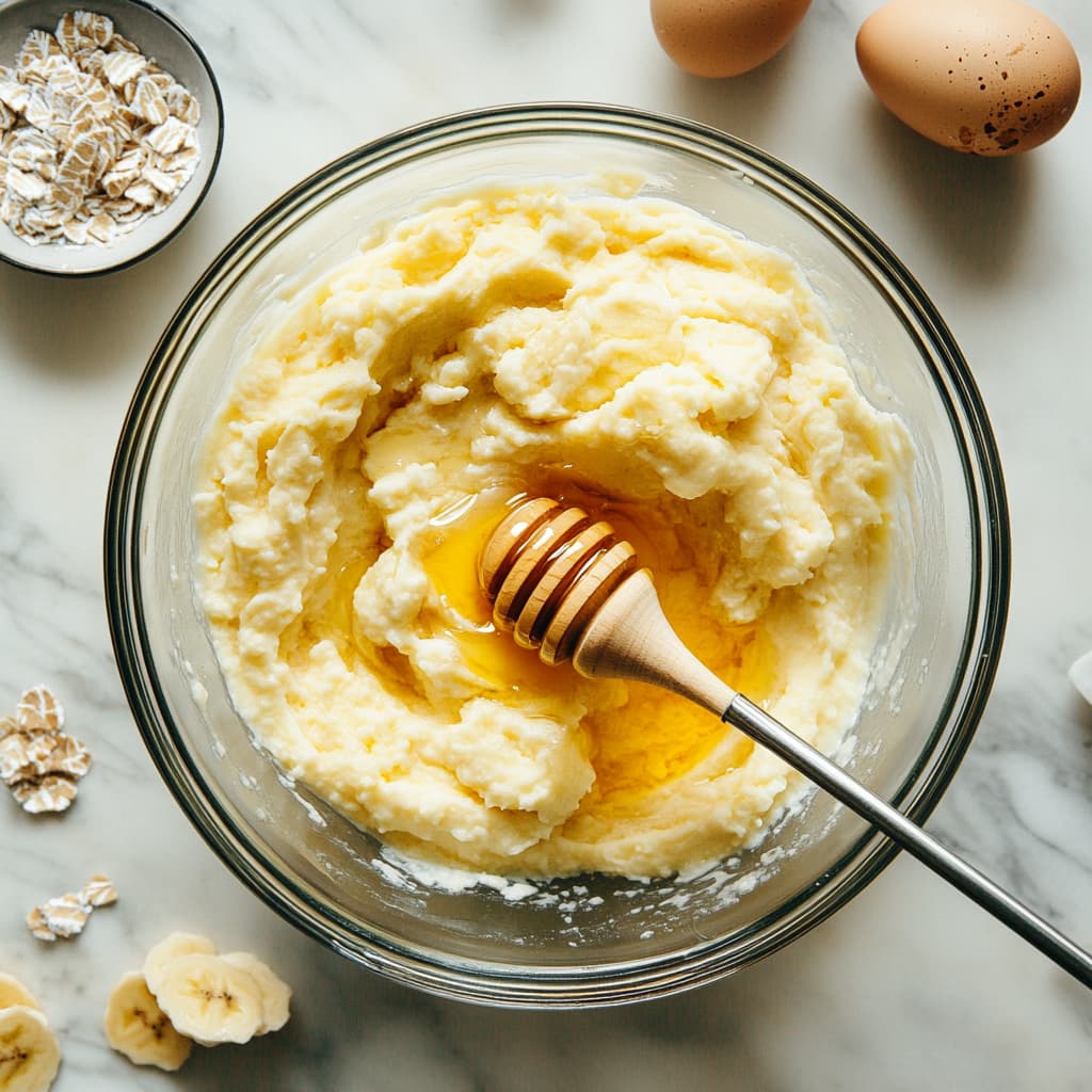 Mixing eggs, Greek yogurt, honey, and vanilla into mashed bananas