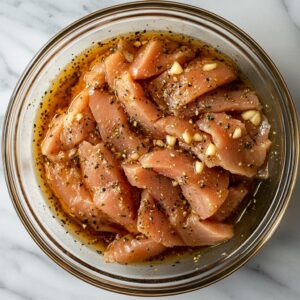 Raw sliced chicken breast marinated in soy sauce and spices, with fresh vegetables prepped in the background.