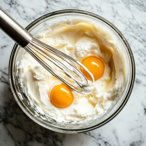 Mixing Greek yogurt and eggs in a glass bowl with a whisk