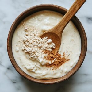 Adding oat flour protein powder baking powder and cinnamon to the yogurt egg mixture