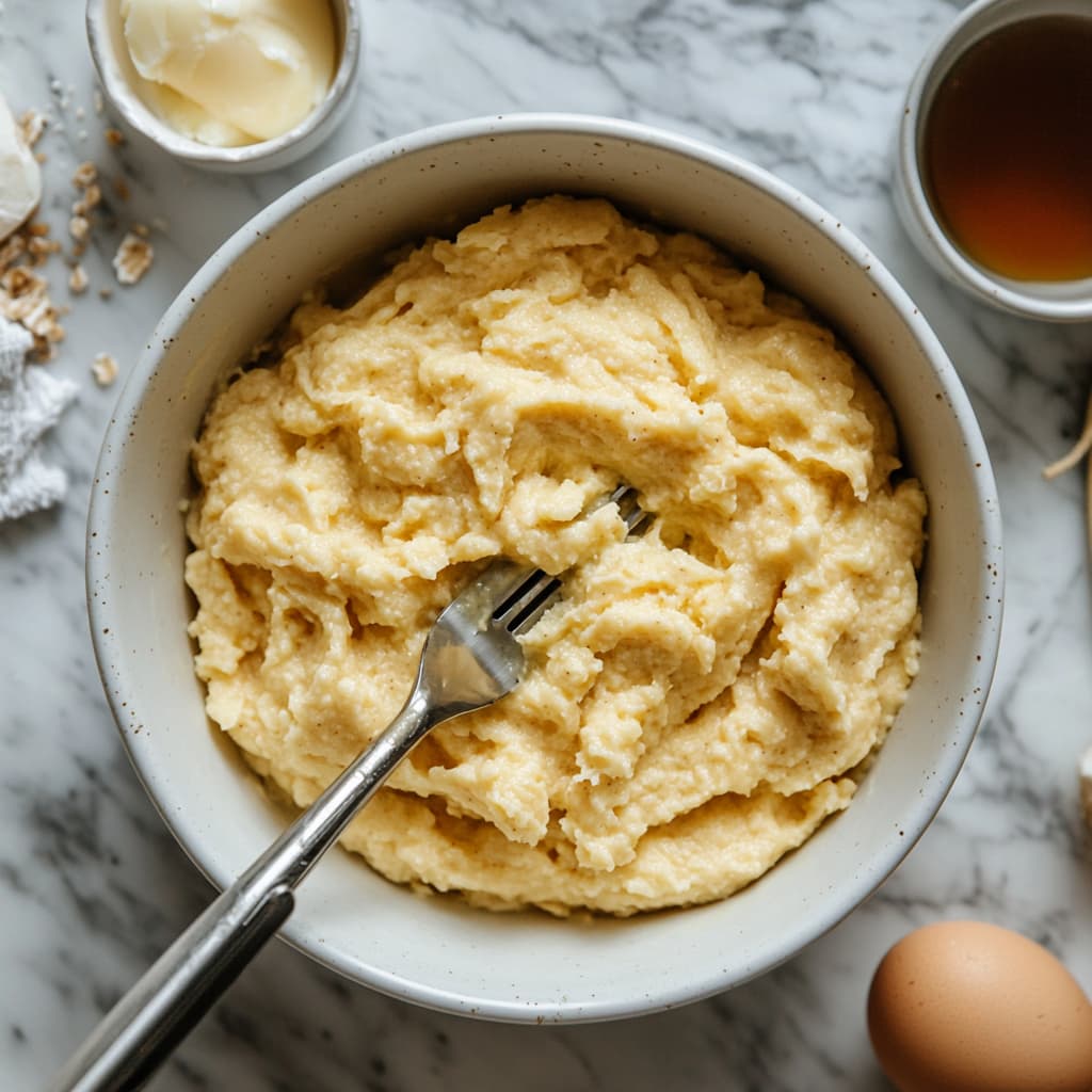 Mashed bananas in a bowl with Greek yogurt, egg, vanilla, and maple syrup for the cinnamon roll dough