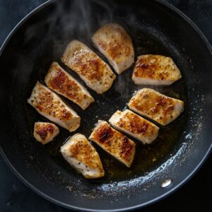 Chicken strips cooking in a skillet with a golden sear for a stir fry recipe.